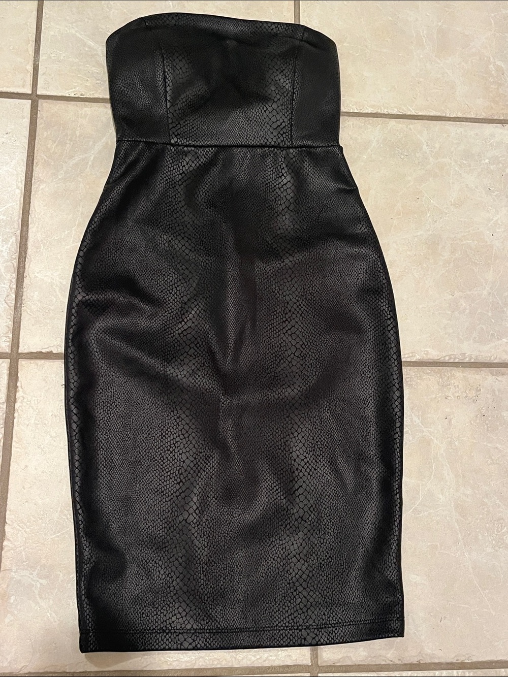 bebe Strapless Black Faux-Leather Bodycon Dress with Subtle Snake Texture